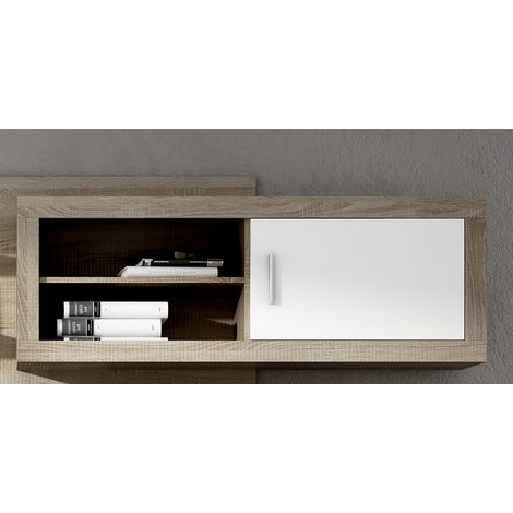 Meuble haut 1 porte coloris chêne cambrian, blanc - Longueur 130 x profondeur 26,30 x hauteur 46 cm -PEGANE- (1/2)