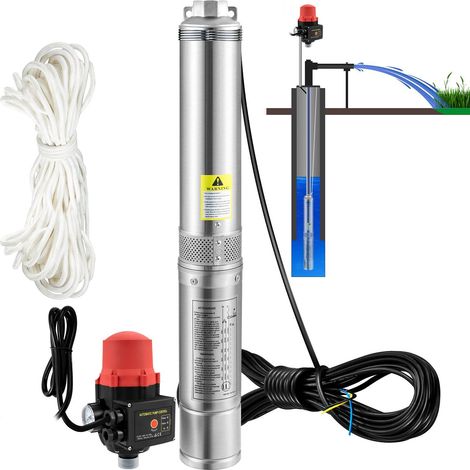 Pompe submersible profonde 750W 230V/50Hz, 105L/min, 62m de hauteur, câble de 20m, interrupteur automatique, acier inoxydable IP68 (1/5)