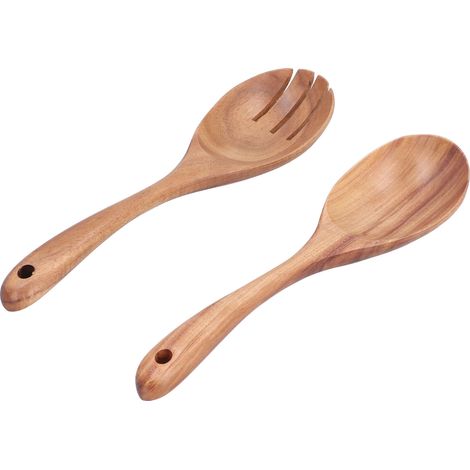 Ensemble de 2 cuillères et fourchettes en bois pour mélanger, idéal pour la maison, la cuisine, l'école, le bureau et les fêtes. (1/5)