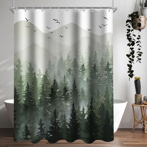 Duschvorhang 200x160cm Wald Motiv, Textil, Wasserabweisend, Waschbar, mit Haken (1/5)