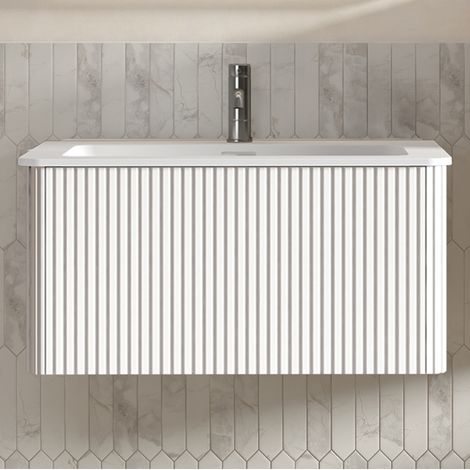 Mueble de baño suspendido con lavabo 81 cm, cajones push-to-open, blanco HAVRYA (1/5)