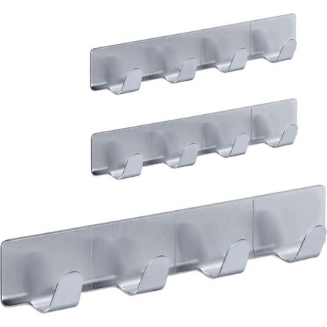 Patères adhésifs, lot de 30, 4 crochets à serviettes chaque, acier inoxydable, bain & cuisine, 16 cm, argenté (1/4)
