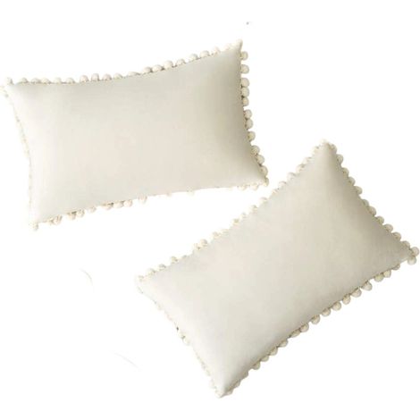 Lot de 2 housses de coussin décoratives en velours à pompons, couleur unie, douces et carrées, 45 x 45 cm, vert foncé, pour canapé, chambre ou voiture. (1/5)
