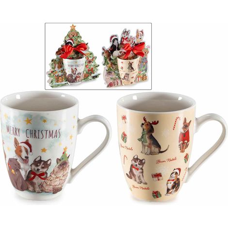 Tasses en porcelaine décor chats et chiens de Noël en coffret cadeau découpé avec nœud, lot de 4, tasse diam. 8 cm x H. 10,5