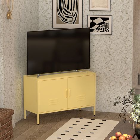 Meuble de rangement en acier jaune avec étagères réglables, imperméable et facile à nettoyer, idéal pour ordonner salon, chambre ou entrée. (1/5)