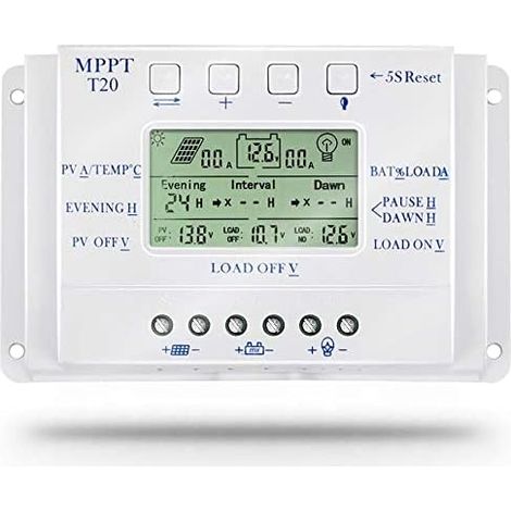 20A Régulateur de Charge Solaire, 12V/24V Batterie Détection Automatique,avec contrôle de minuterie de charge double pour système de réverbère,Avec écran LCD (1/5)