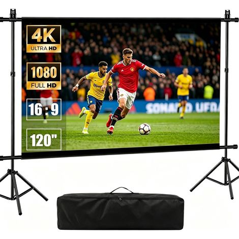 Écran de projection portable avec support, 120" 16:9 4K HD pliable et lavable, 2 en 1 à montage mural et autonome pour cinéma maison, jardin, camping (1/5)