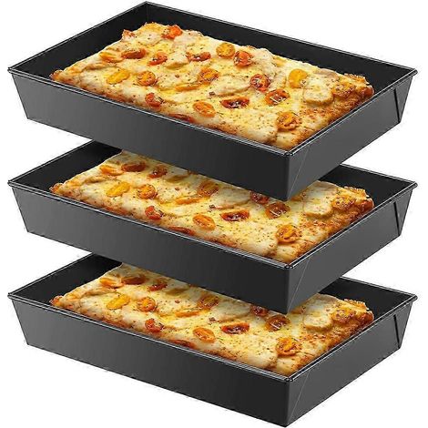 Lot de 3 plaques à pizza style Detroit, rectangulaires et profondes, avec revêtement antiadhésif et répartition uniforme de la chaleur. (1/5)