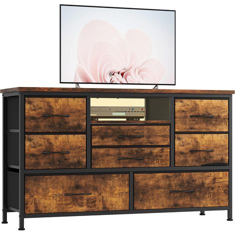 Commode à 8 Tiroirs & Meuble TV avec LED, Station De Charge, Commode De Chambre avec Structure en Métal, Tiroir en Tissu, Meuble De Rangement,121x37x76cm,marron (1/5)