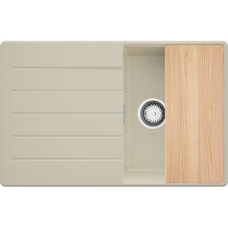 PRIMAGRAN Evier Cuisine en Granit 78x50cm,Lavabo 1 bac + Kit de Vidage + Planche à Découper, Évier à Encastrer au meuble 45cm - Copenhague, Beige (1/5)
