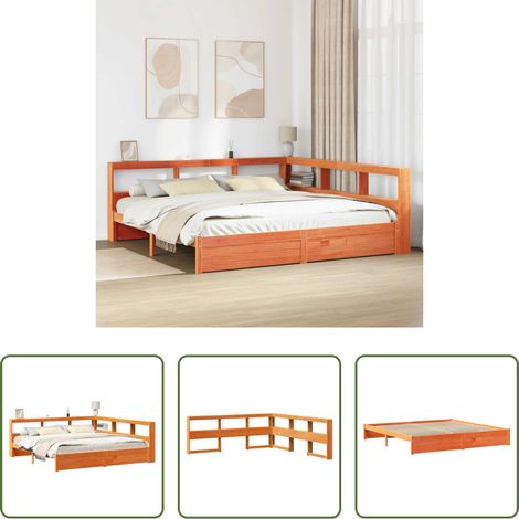 Holz Bett - Bücherregal-Bett mit Kopfteil 2 pcs Wachsbraun 200 x 200 cm (1/5)