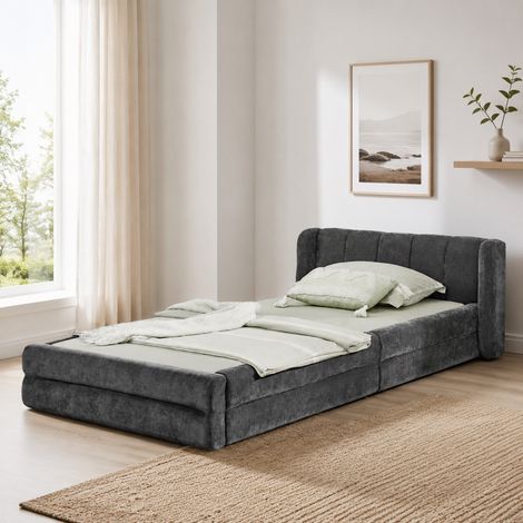 Lit simple 90x200 cm en chenille gris foncé, tête de lit, gain de place, sans matelas – MEUBLIV (1/5)
