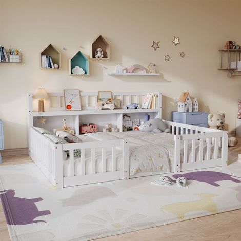 Cama infantil 90x200 cm con somieres de lamas, Cama baja 90x200 cm con biblioteca, Cama individual, Barrera de seguridad, Pino macizo, Blanco (1/5)