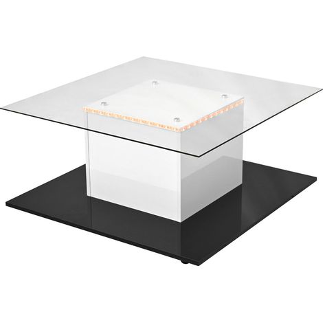 Tavolino da caffè in vetro temperato con LED, ruote piroettanti, bianco e nero (1/5)