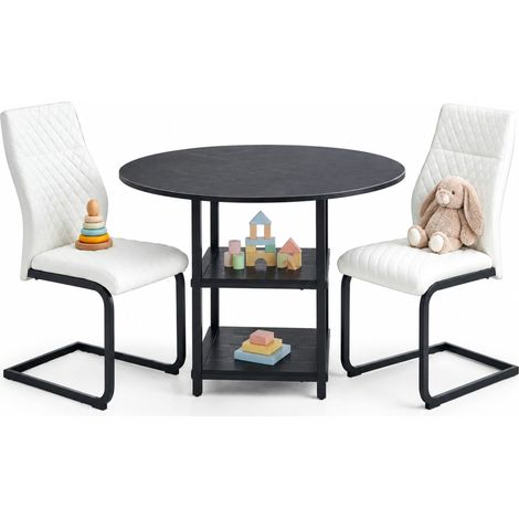 Runder Esstisch mit 2 Stühlen 107 cm mit doppeltem Regal MDF Metall Weiß Schwarz (1/5)