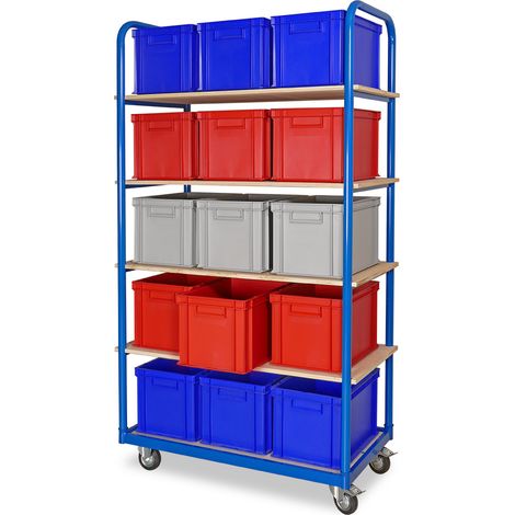 BRB Kommissionierwagen mit 5 Ebenen, bestückt mit 15 Behältern LxBxH 400x300x280 mm in blau, rot und grau (1/3)