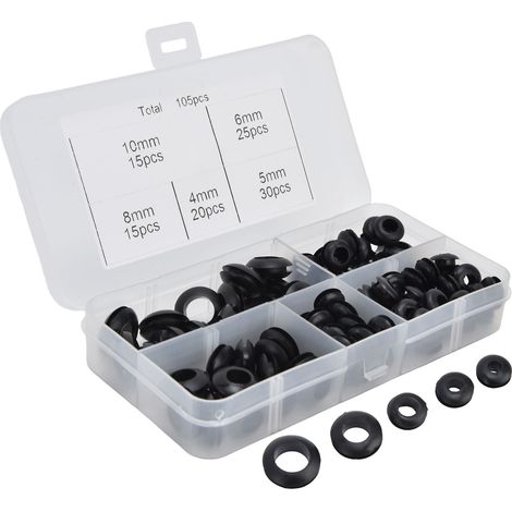 Set mit 105 verschiedenen Gummiringen, elektrischen Dichtungen, Unterlegscheiben zum Schutz von Rohrleitungen und Kabelverschraubungen. (1/5)