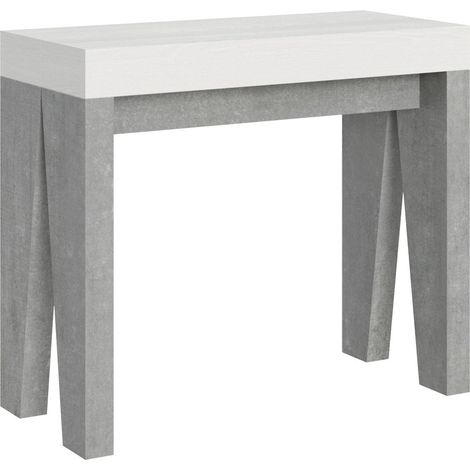 Console extensible blanche pieds bois gris béton 12 personnes 40 à 300cm Naxo-Pied et support sur roulettes (1/5)