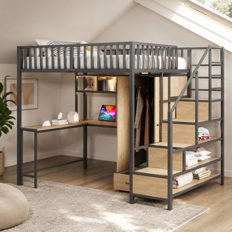 Metall-Hochbett 140x200 cm Schwarz aus Metall mit Schreibtisch, Kleiderschrank, Regalen, LED und Steckdosen (1/5)