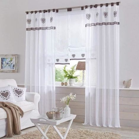 Rideaux voilages blancs à œillets, aspect lin, parfaits pour la décoration intérieure, les chambres et les cuisines. Dimensions : 140 x 262 cm (largeur x hauteur) - 1 pièce (1/4)