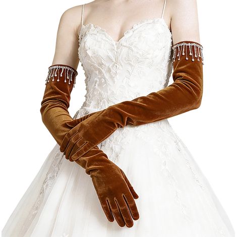 Guantes largos de terciopelo decorados con brillantes pedrería, - Marrón