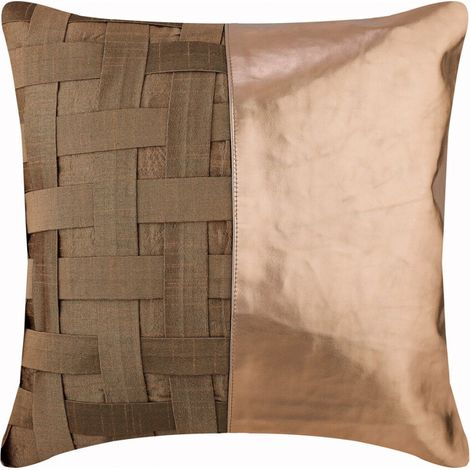 Kissenbezug, kupferfarbener Kissenbezug, blau gemustertes, metallisch schimmerndes Kunstleder, 61 x 61 cm großes Quadrat, Seidenpatchwork – Hälfte kupferfarben