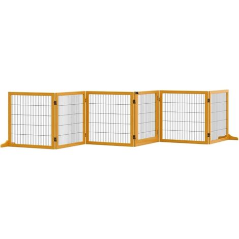 Barrière pliable pour chiens en bois de pin, dimensions 432×36×70 cm, couleur jaune (1/4)