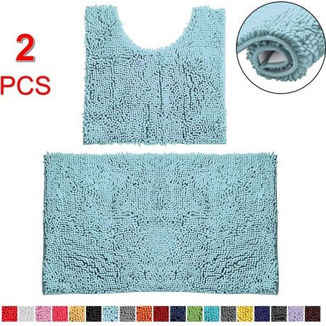 Badematte – Dusch- und WC-Matte aus Chenille – rutschfest – Spa-Blau – 2er-Set (1/5)