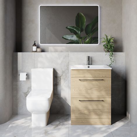 Napoli 460 Light Oak 600mm 2 Drawer Vanity Unit and Tacoma Comfort Height Toilet Suite with Angel Basin - 600mm - Gunmetal Grey 320mm Handle