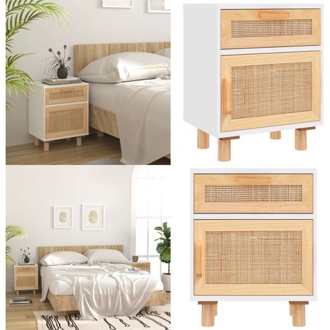 Comodino Bianco in Legno Massello di Pino e Rattan Naturale - Comodino scandinavo - Comodino con cassetto