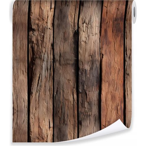 Papier peint planches de bois marron nature sur mur molletonné salon chambre coucher (1/3)