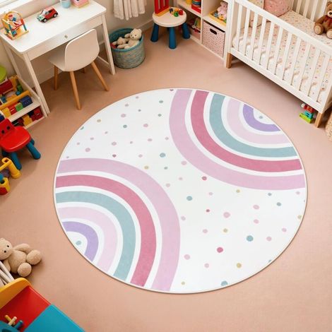 Tapis rond arc-en-ciel, idéal pour les chambres, tapis lavable pour enfants, tapis de princesse coloré. (1/5)