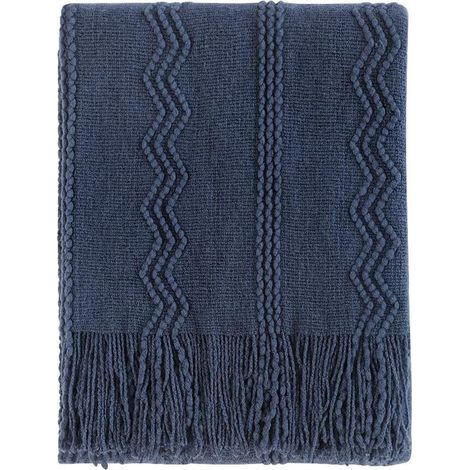 Couverture en laine tricotée en losanges, couverture de canapé solide et douce, couverture décorative en tricot, bleu marine, 127 x 172 cm (1/5)