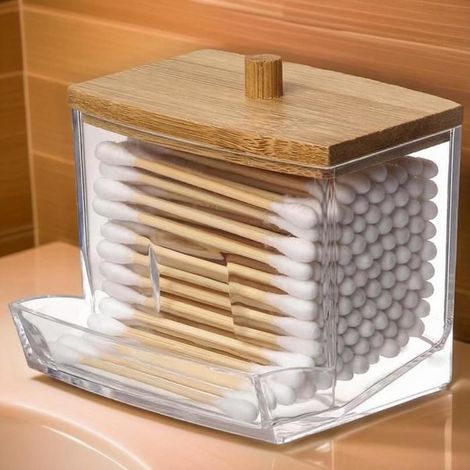 BelleRise – 1er-Packung – Transparenter Acryl-Aufbewahrungsbehälter für Wattestäbchen (200 ml) mit hochwertigem Holzdeckel (1/5)