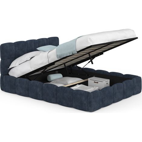 Doppelbett NUAGE mit Stauraum, gepolstertem Kopfteil und Lattenrost, 140 x 190 cm, aus blauem Stoff in Chenille-Optik (1/5)