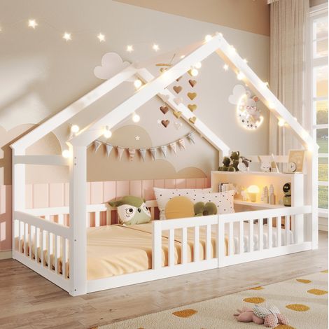 MODFU – Cama tipo cabaña infantil 90x190 cm de pino, MDF y contrachapado con LED, barandillas de seguridad, estantes, carga 120 kg y 2 paquetes – Blanco (1/5)