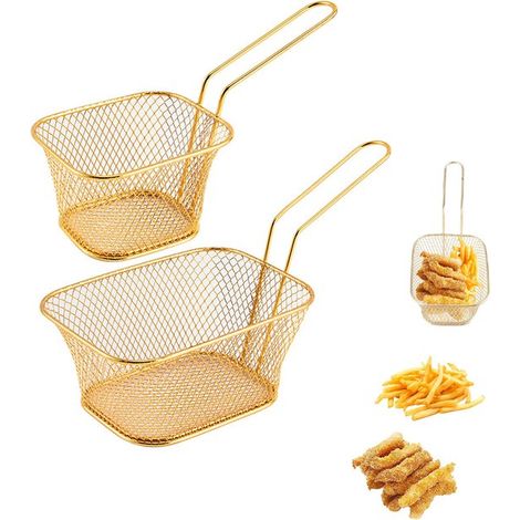 Cesta para freír, 2 piezas, Colador para freír, Escurridor, Acero inoxidable, Con asa, Sirve patatas fritas/aperitivos en una cesta, Dorado (1/5)
