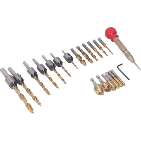 Set mit 20 vergoldeten Titan-Senkbohrern, Anfasbohrern mit Gewindebohrer, Innensechskantschlüssel und Körner für präzises Bohren (1/5)