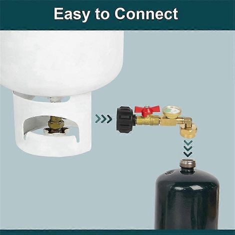 Adaptateur de remplissage de propane avec valve et manomètre, remplit les bouteilles de 450 g à partir d'une bonbonne de 9 kg, coude à 90° (1/4)
