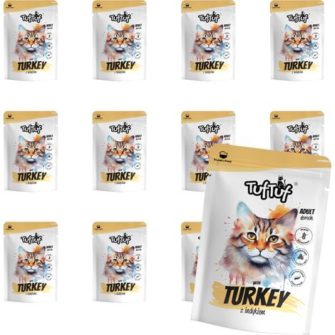 COMIDA H脷MEDA PARA GATOS TufTuf Sobre de carne enlatada con pavo SET 10x100g
