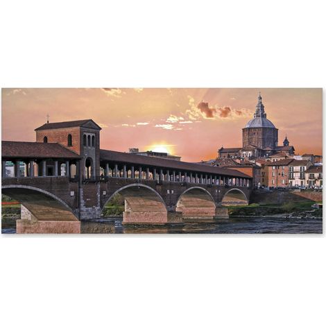Lupia - Quadro moderno su Tela Canvas DEEP 65X143 cm, con paesaggi e localismi italiani, per casa, soggiorno, capezzale camera da letto, hotel, ufficio, PAVIA - PONTE E DUOMO AL TRAMONTO (1/4)