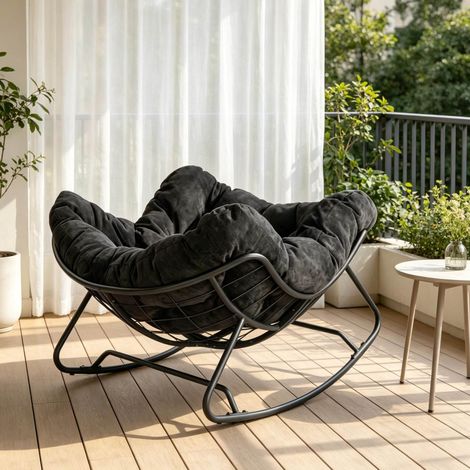 OKWISH Sedia a dondolo in ciniglia con struttura in metallo nera 102,5 x 75 x 77 cm (1/5)