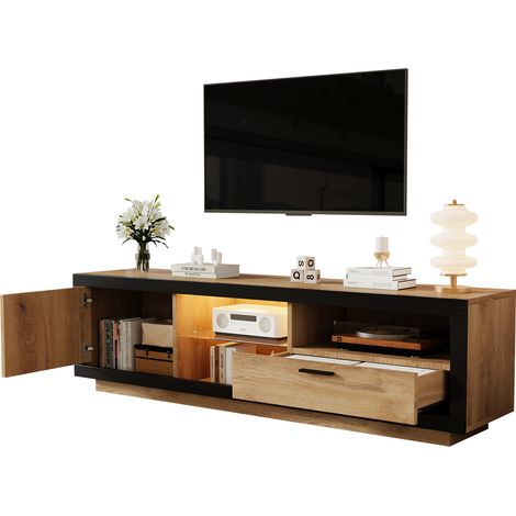 Mueble TV moderno 160x40x50 cm con 1 cajón 1 puerta, LED, estante de cristal, aglomerado, negro + natural (1/5)