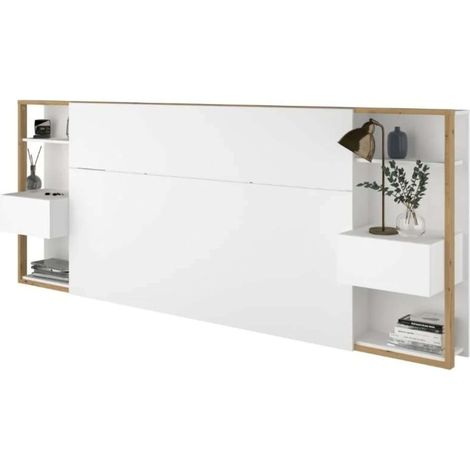 Cabecero Line de Matrimonio con Cajones y Almacenaje con Mesitas Integradas Blanco y Roble (255cm)