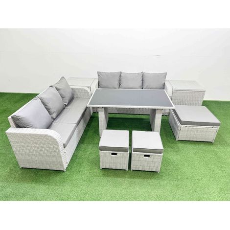 Fimous 9 Seater Rattan Outdoor Dining Table 3 Seater Sofa Set with 2 Side Tables 3 Stools Light Grey (1/4)
