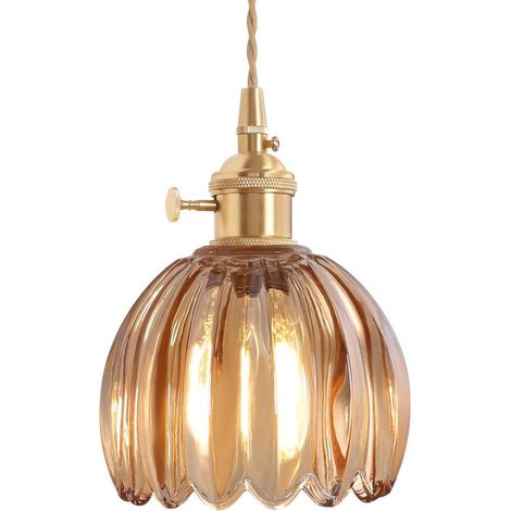 Mini Pendelleuchte Bernsteinfarbenes Glas Messing Vintage (1/5)