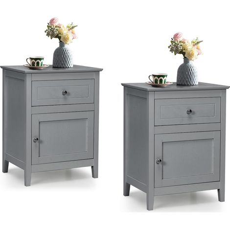 GOPLUS 2 Tables d'Appoint à 2 Niveaux avec Plateau Spacieux,Armoire de Rangement avec Tiroir et Etagère Réglable,Gris (1/5)