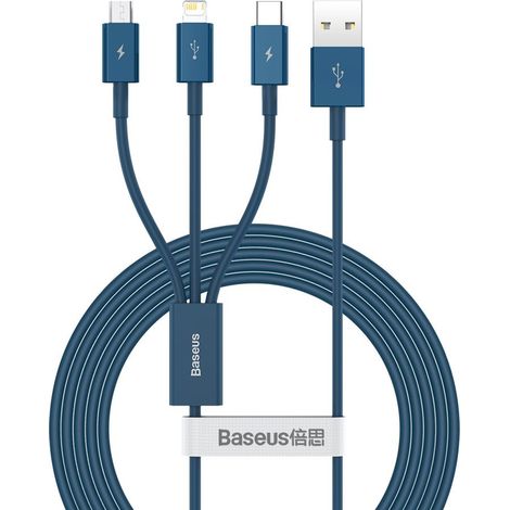 Cavo universale 3 in 1 USB - Lightning / USB-C / micro USB 3,5 A 1,5 m blu (1/5)