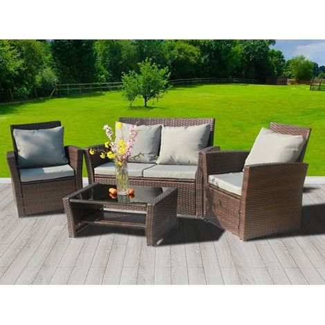 BIRCHTREE 4PCS Garden Rattan Furniture Set Armchair Sofa Glass Coffee Table Patio RFS02 Brown (1/5)
