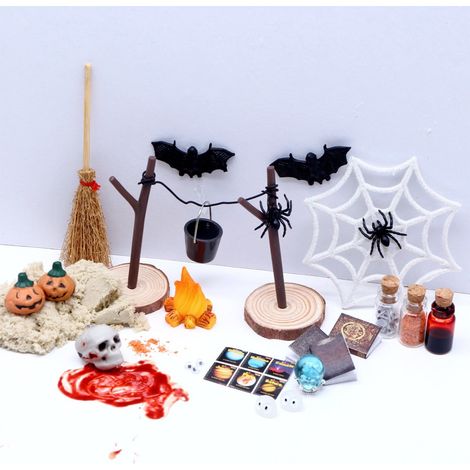 Accessoires Miniatures Halloween - Décor Maison Poupée 1:12 - Citrouille Chauve-Souris Crâne Balai - 22 Pièces (1/5)
